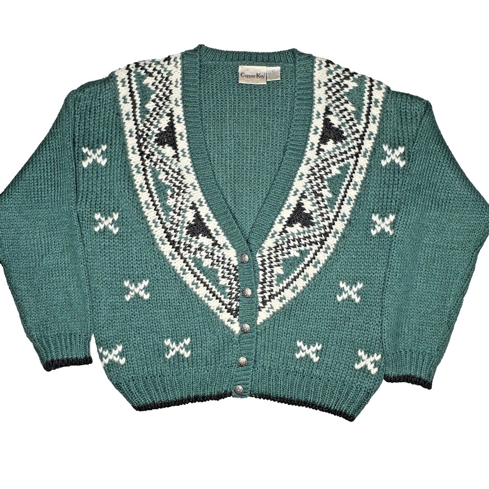 Vtg 90s‎ Copper Key Cardigan Sweater Womens Sz L Green Cardigan Celtic St. Patty